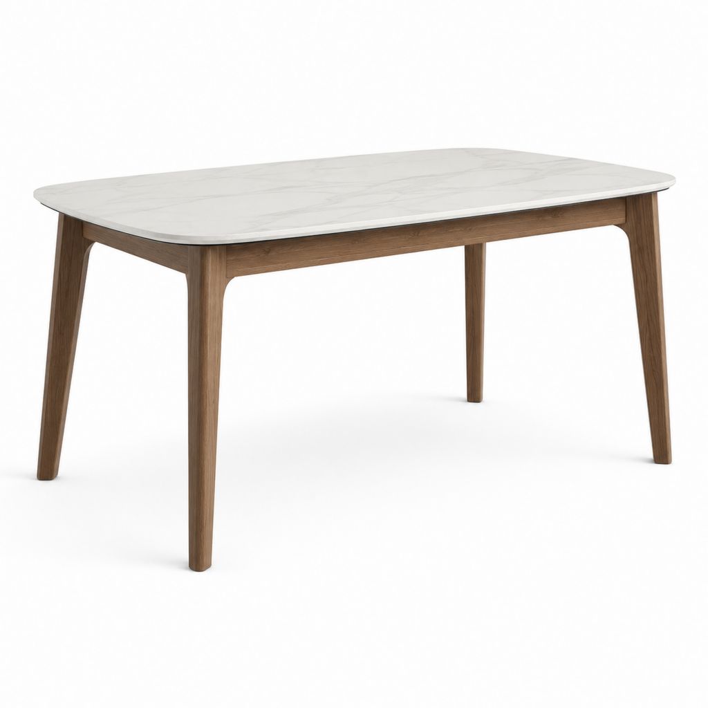 Rechteckige Esstisch aus Feinsteinzeug mit Marmor und Massivholz, weiß und braun, 160 × 90 × 75 cm