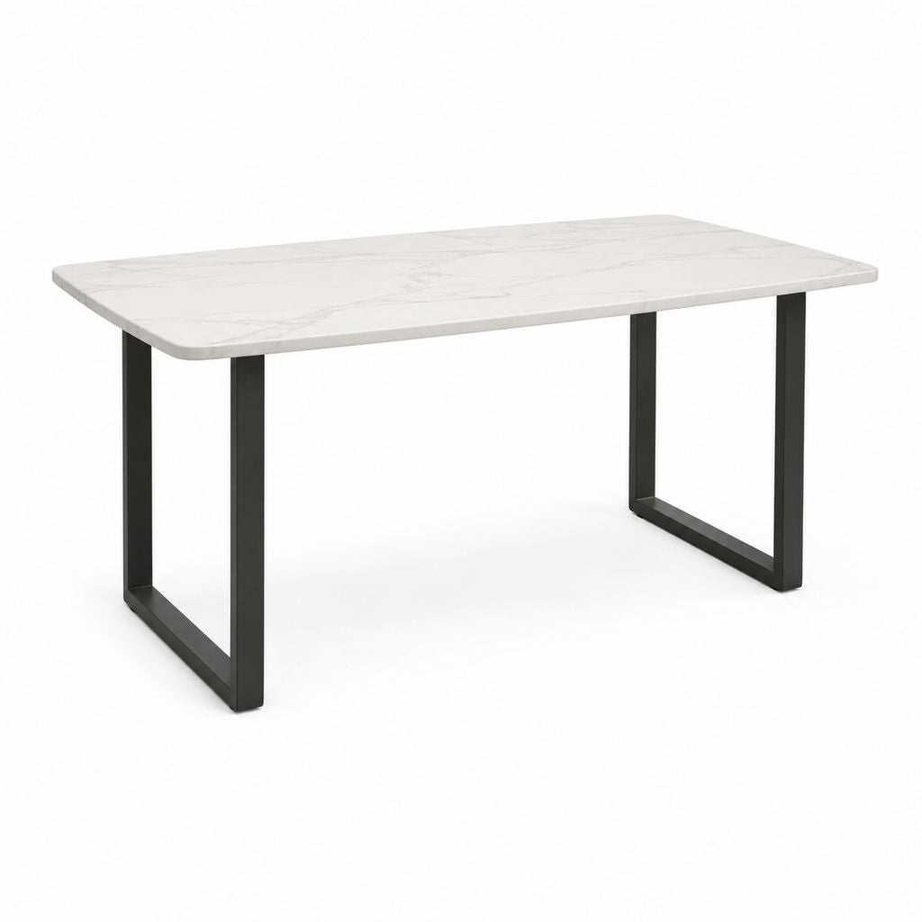Rechteckiger Esstisch aus MDF Marmor und Stahl, weiß und schwarz, 140 × 80 × 75 cm