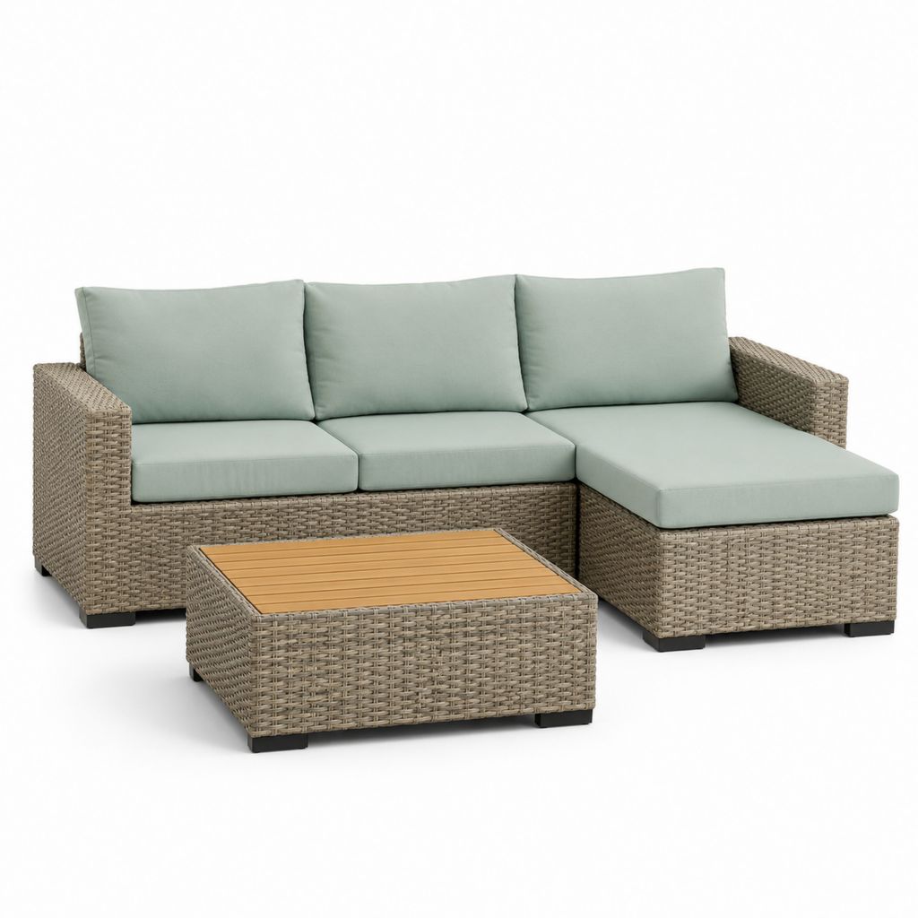 Garten-Set 3 Stück L in Rattan PE mit Sofa, Chaiselongue, Couchtisch und grünen Salbei Kissen, 225 × 146 × 72 cm
