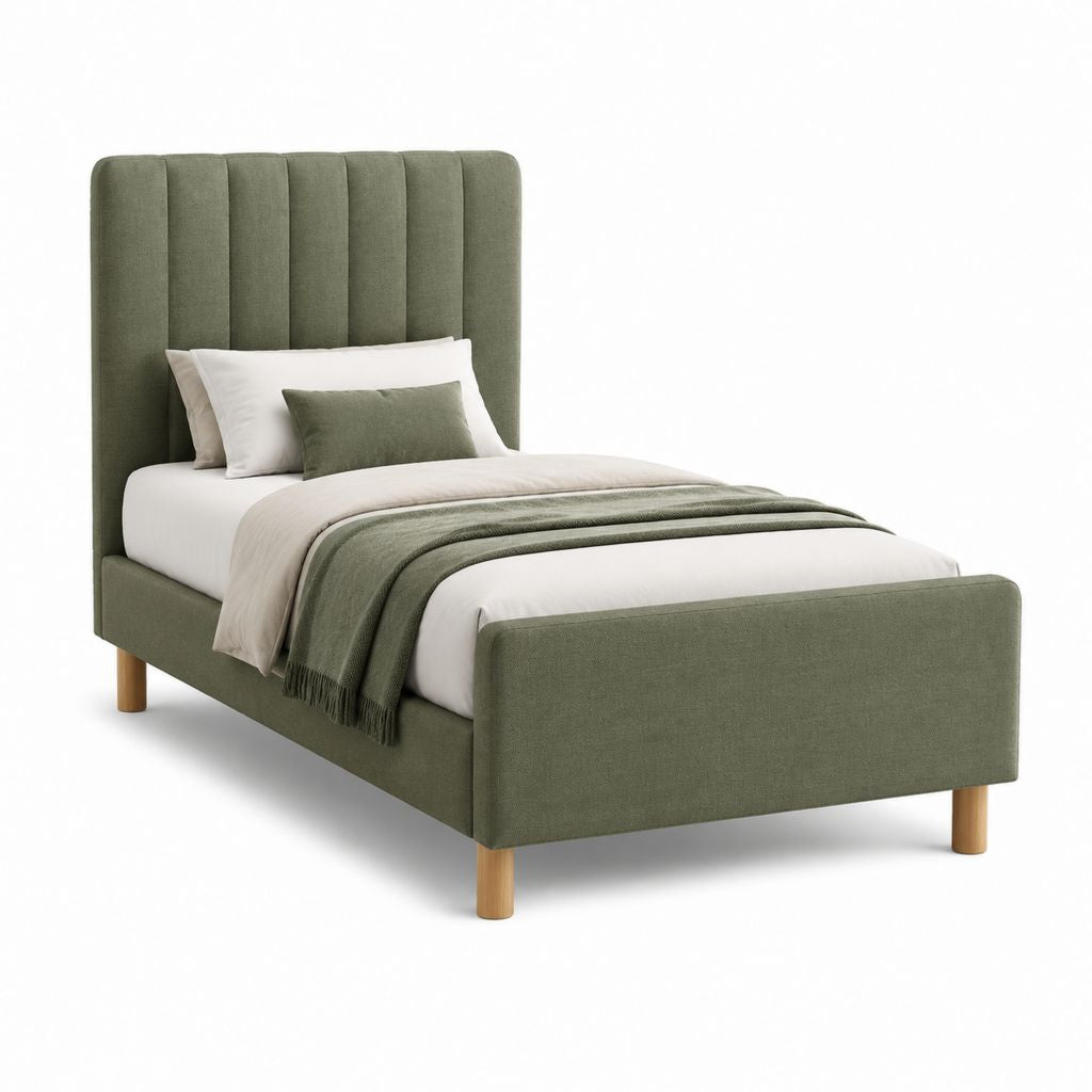 Gepolstertes Einzelbett aus olivgrünem Stoff 105 × 214 × 120 cm, 90 × 200 cm-Netz und vertikalen Platten Kopfteil