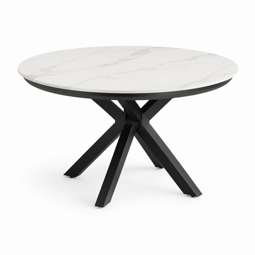 Runder Esstisch mit Keramikplatte mit Marmor-Effekt und Stahlbeinen, Ø 120 × 75 cm, weiß, grau und schwarz