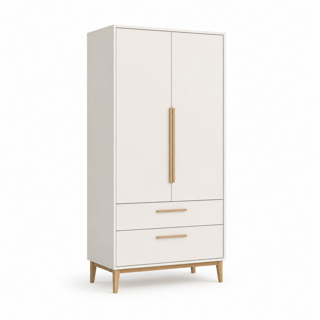 Schrank mit rechteckigen Schrank mit 2 Türen und 2 Schubladen aus Holz, MDF und Spanplatten, weißer Creme und Naturholz, 90 × 50 × 190 cm