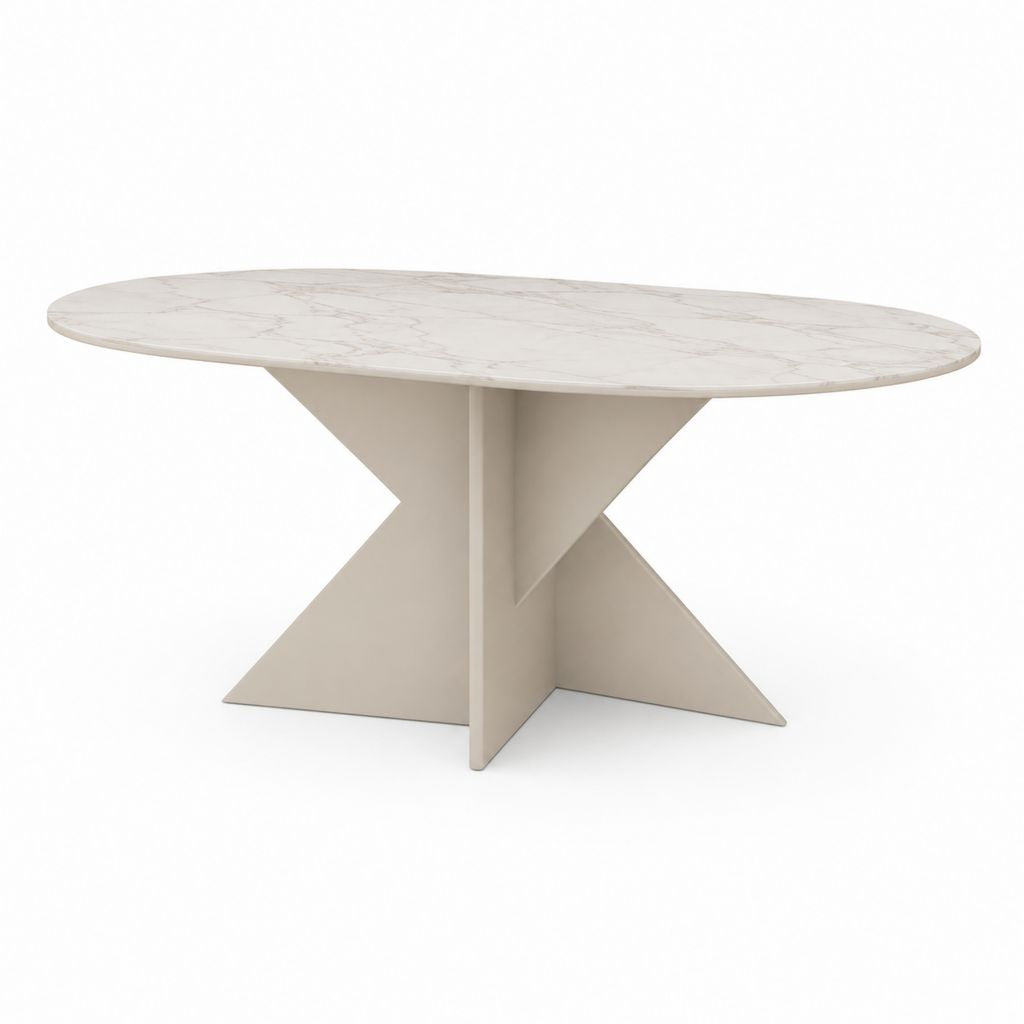 Esstisch oval 160 × 90 × 75 cm mit MDF-Plan weißer Marmor-Effekt und geometrischer Basis beige