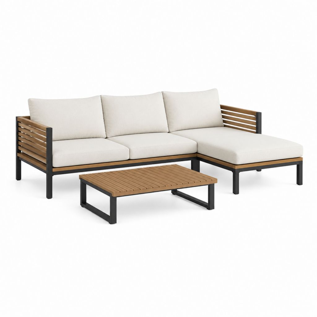 Garten-Wohnzimmer 3 Stücke mit 3 Ecksofa aus Stahl und Holz, rechte Halbinsel und Couchtisch, beige, braun und schwarz, 210 × 140 × 75 cm