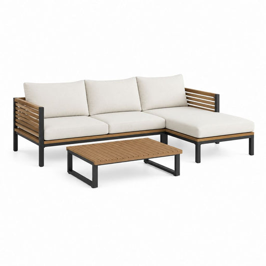 Garten-Wohnzimmer 3 Stücke mit 3 Ecksofa aus Stahl und Holz, rechte Halbinsel und Couchtisch, beige, braun und schwarz, 210 × 140 × 75 cm