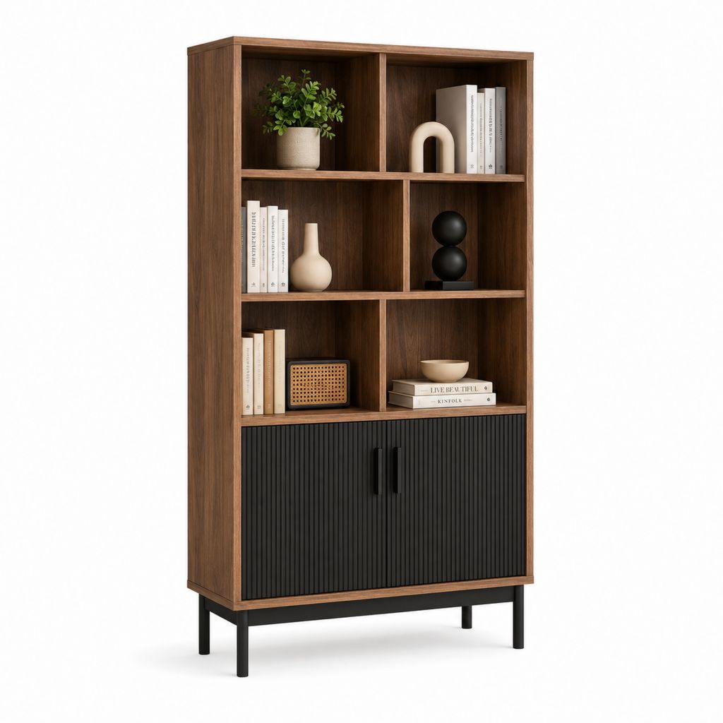 Vertikale Bibliothek mit 2 Türen, 6 Kammern, Apfel- und Stahlplatten, braune Nussbaum und schwarz, 80 × 35 × 160 cm