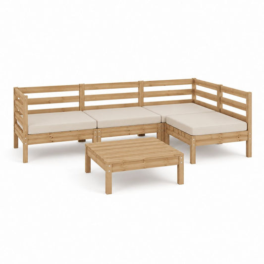 Set Ecksofa aus dem Garten 5 Stück aus Massivkiefer mit Sahne Kissen, 210 × 140 × 67 cm