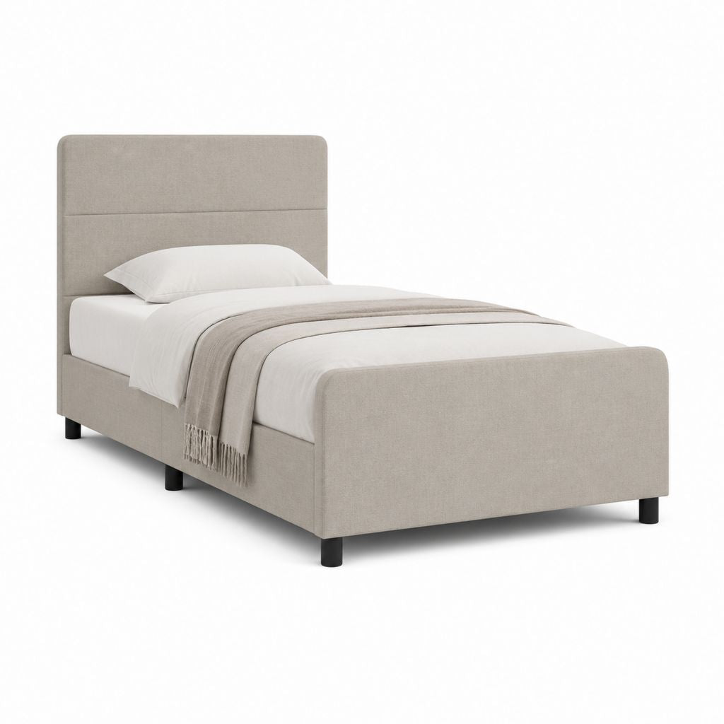Einzelbett gepolstert beige Stoff mit Kopfteil, Fußsohle und Lattennetz, 90 × 200 cm, Abmessungen 218 × 101 × 120 cm