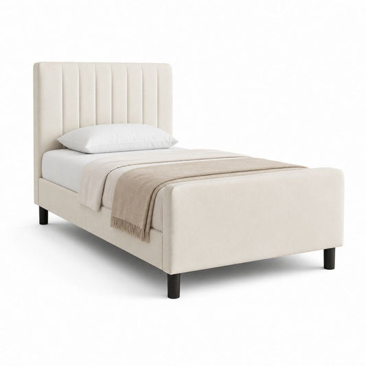 Beige Gepolstertes Einzelbett mit Kopfteil, Fußsohle und Lattennetz, 215 × 105 × 110 cm, für Matratze 90 × 200 cm