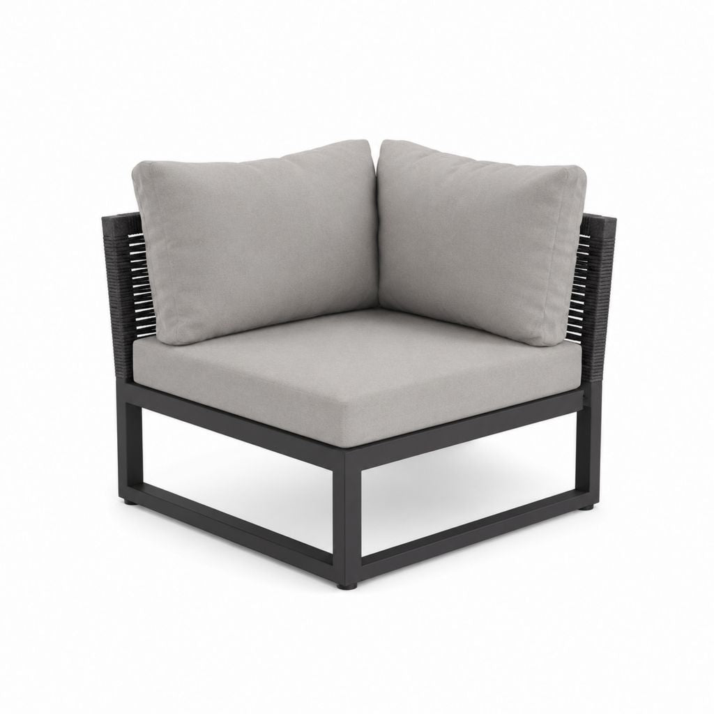 Modularer Ecksessel von außen bis zu 1 Platz aus Stahl und schwarz PE Rattan mit hellgrauen Kissen, 82 × 82 × 75 cm