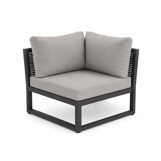 Modularer Ecksessel von außen bis zu 1 Platz aus Stahl und schwarz PE Rattan mit hellgrauen Kissen, 82 × 82 × 75 cm