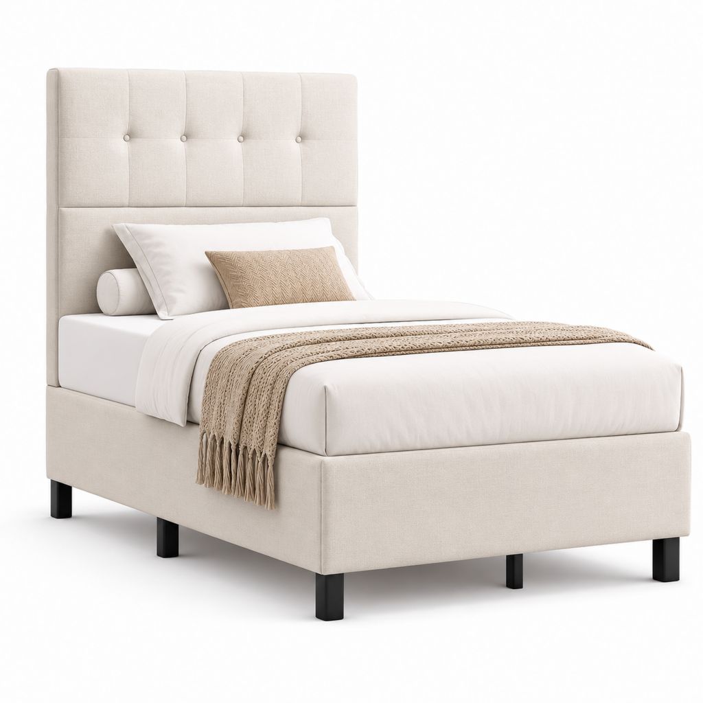 Gepolstertes Einzelbett aus beigefarbenem Stoff 90 × 200 cm mit gestepptem Kopfteil und schwarzen Beinen
