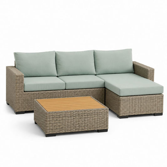 Garten-Set 3 Stück L in Rattan PE mit Sofa, Chaiselongue, Couchtisch und grünen Salbei Kissen, 225 × 146 × 72 cm