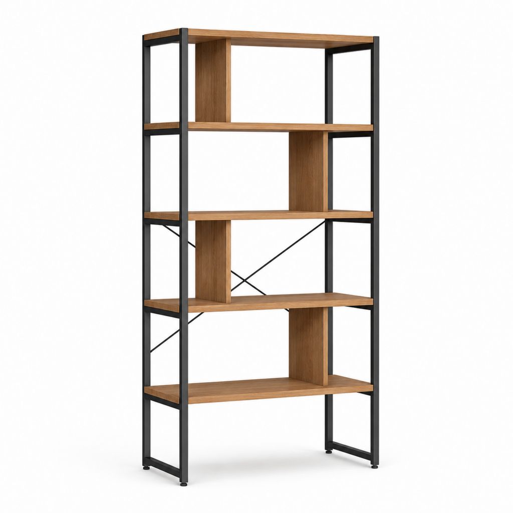 Buchhandlung mit 5 Regalen aus Stahl- und Spanplatten, braun und schwarz, 80 × 30 × 180 cm