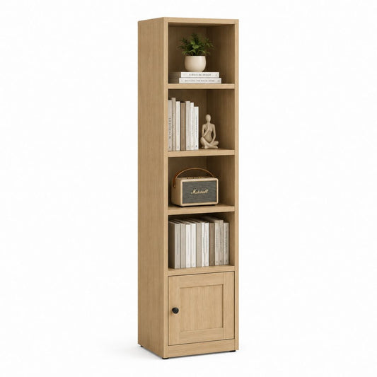 Enge Holzsäulen Bücherregal 40 × 30 × 180 cm, Eiche natur, mit 4 offenen Räumen und Tür