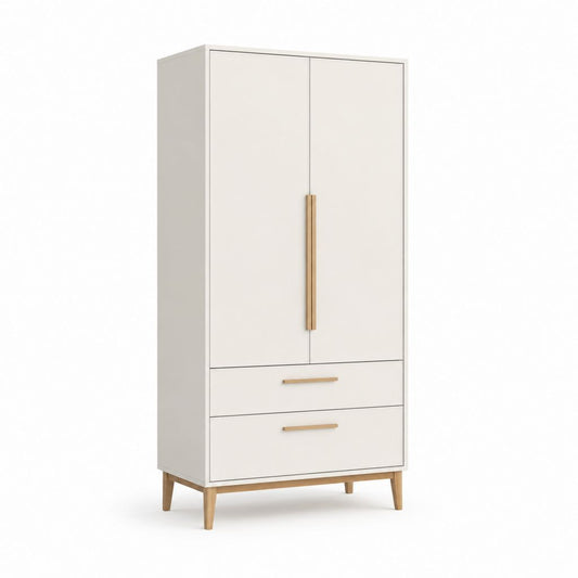 Schrank mit rechteckigen Schrank mit 2 Türen und 2 Schubladen aus Holz, MDF und Spanplatten, weißer Creme und Naturholz, 90 × 50 × 190 cm
