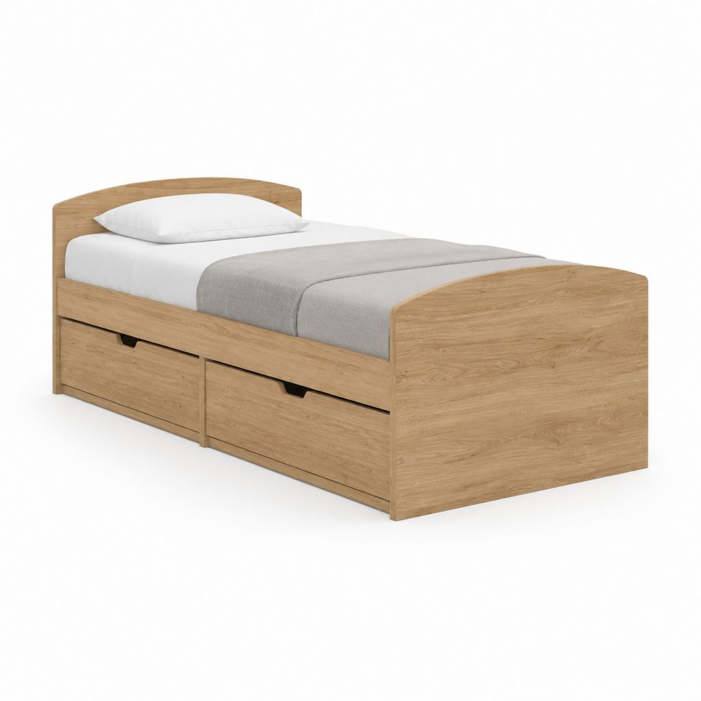 Einzelbett aus Holz mit 2 Schubladen, Eiche, Ruhefläche 90 × 200 cm