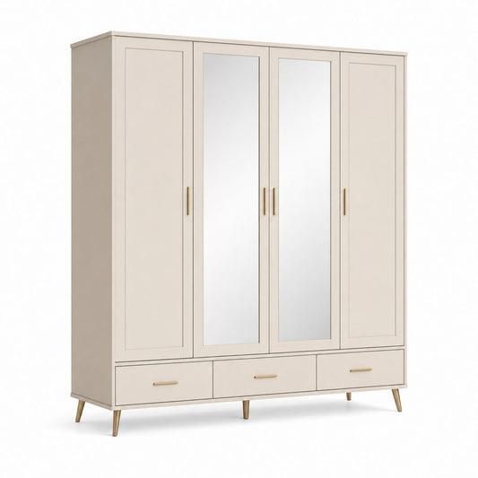 Schrank rechteckige Schrank aus beige-Melamin-Partikelplatten mit Messing-Details, 4 Türen davon 2 in Spiegel und 3 Schubladen, 180 × 55 × 210 cm