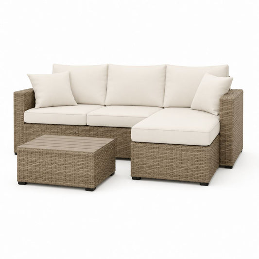 Set Garten-Wohnzimmer 3 Stücke in polyrattan PE Turteltaube und beige mit 3-Sitzer-Sofa, Pouf und Couchtisch, 190 × 135 × 75 cm