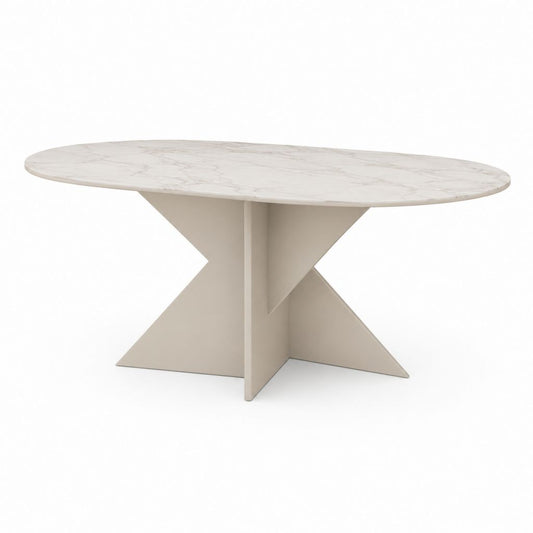 Esstisch oval 160 × 90 × 75 cm mit MDF-Plan weißer Marmor-Effekt und geometrischer Basis beige