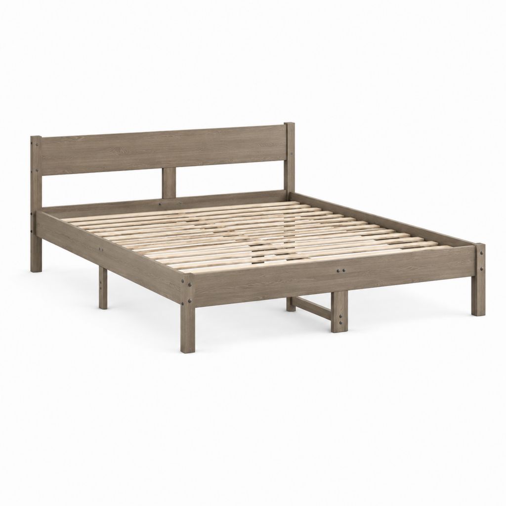 Doppelbett aus massivem Turtelkiefer grau mit Kopfteil und Lattennetz, Oberfläche 180 × 200 cm, Abmessungen 187 × 207 × 90 cm