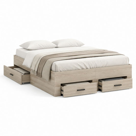 Doppelbett Container 160 × 200 cm in paneele melamine melamine hell und schwarz Eiche, 206 × 166 × 60 cm, mit 3 Schubladen