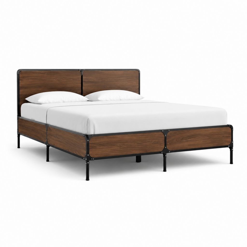 Doppelbett 160 × 200 cm aus Stahl und MDF-Effekt Nussbaum, braun und schwarz